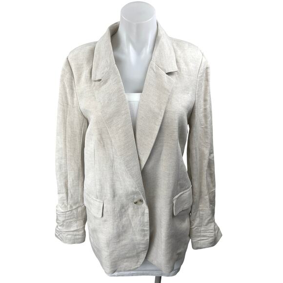 Aqua Beige Linen Notch Lapel Pocket Single Button Blazer Coat Jacket Size S - Picture 1 of 3